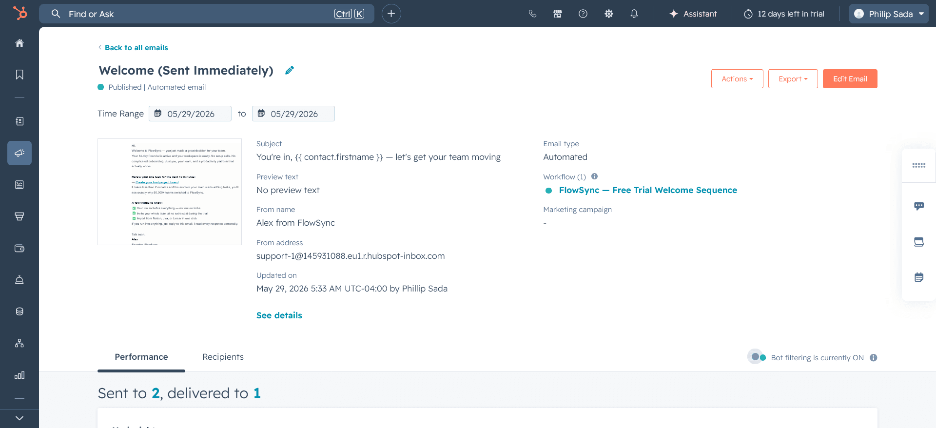 CRM & Email Automation screen